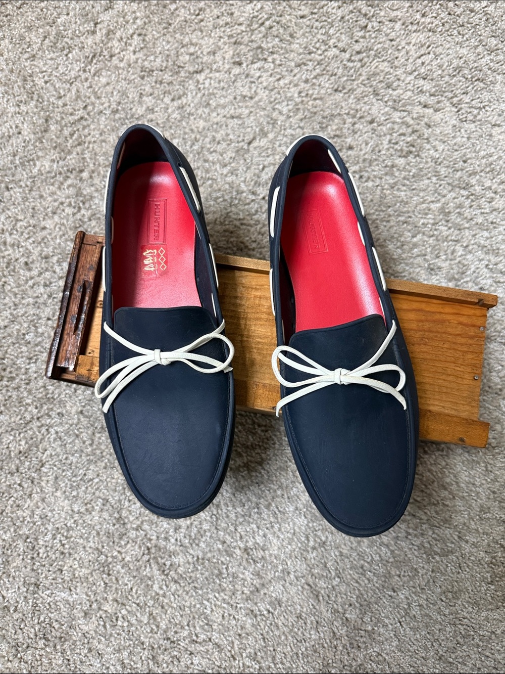 Hunter Navy Rubber Loafers w/White Bow and Red Insole - Approx Women’s 7.5 to 8